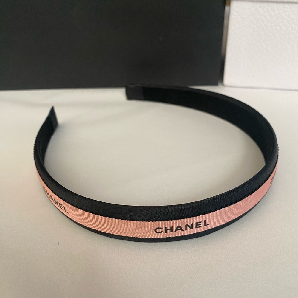 CHANEL Ribbon Pink and Black Logo Ribbon Headband